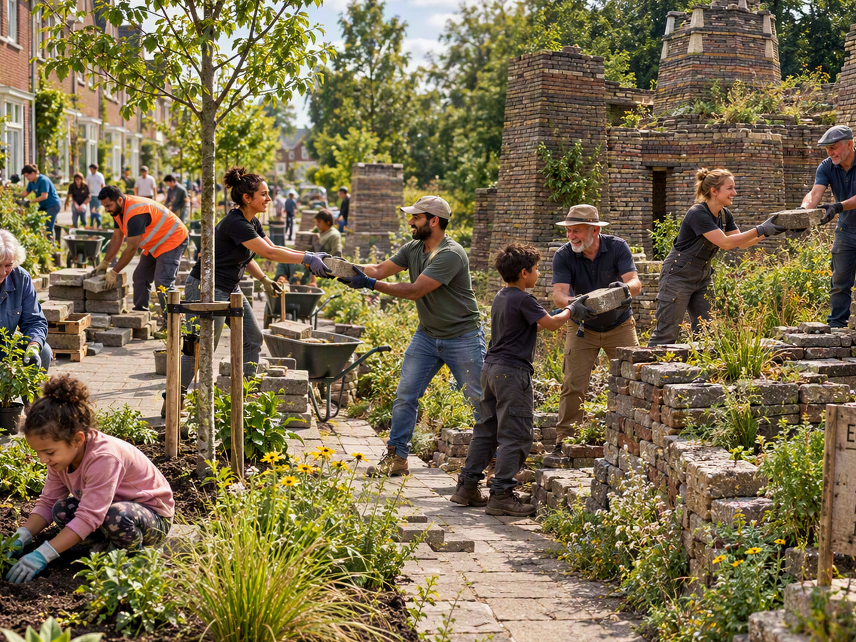 Impressie samenwerking tussen Steenbreek en de Stichting TIJD: tegels uit de tuin en in een ecokathedraal in de buurt. (illustratie: Govert Geldof / AI)